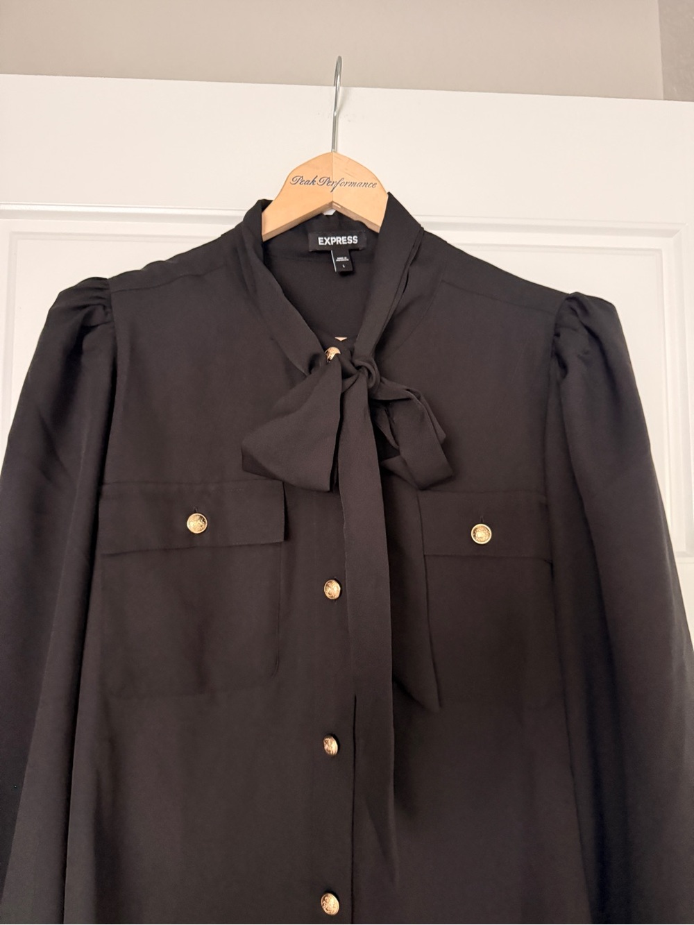 Express Black Tie-Neck Blouse with Gold Buttons